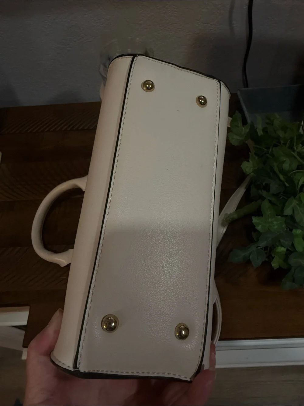 Cream Structured Top-Handle Satchel with Gold Hardware